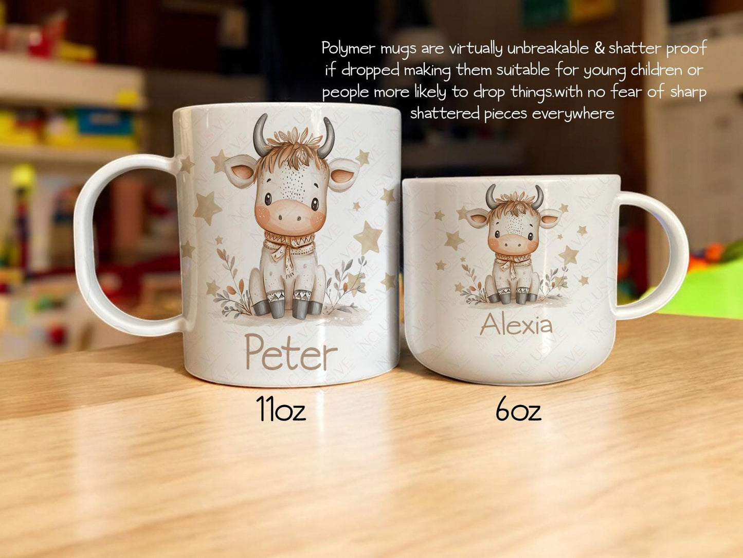 Polymer mugs are virtually unbreakable & shatter proof if dropped making them suitable for young children or people more likely to drop things with no fear of sharp shattered pieces everywhere. 11oz is about the size of a standard adult mug and the smaller 6 oz is the perfect teacup size for smaller kids or those who dont drink as much.