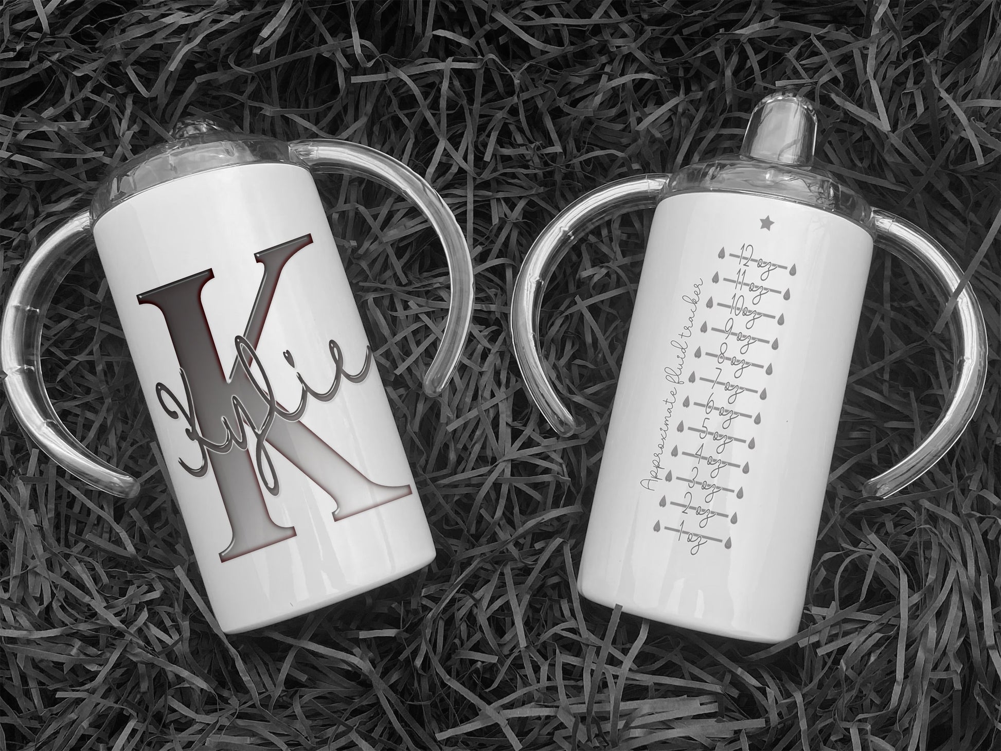 White Stainless steel Sippy cup with clear plastic lid with spout and large handles. A glossy Grey and white Initial with Name in script written across in matching grey. the back has an approximate fluid guide in matching grey
