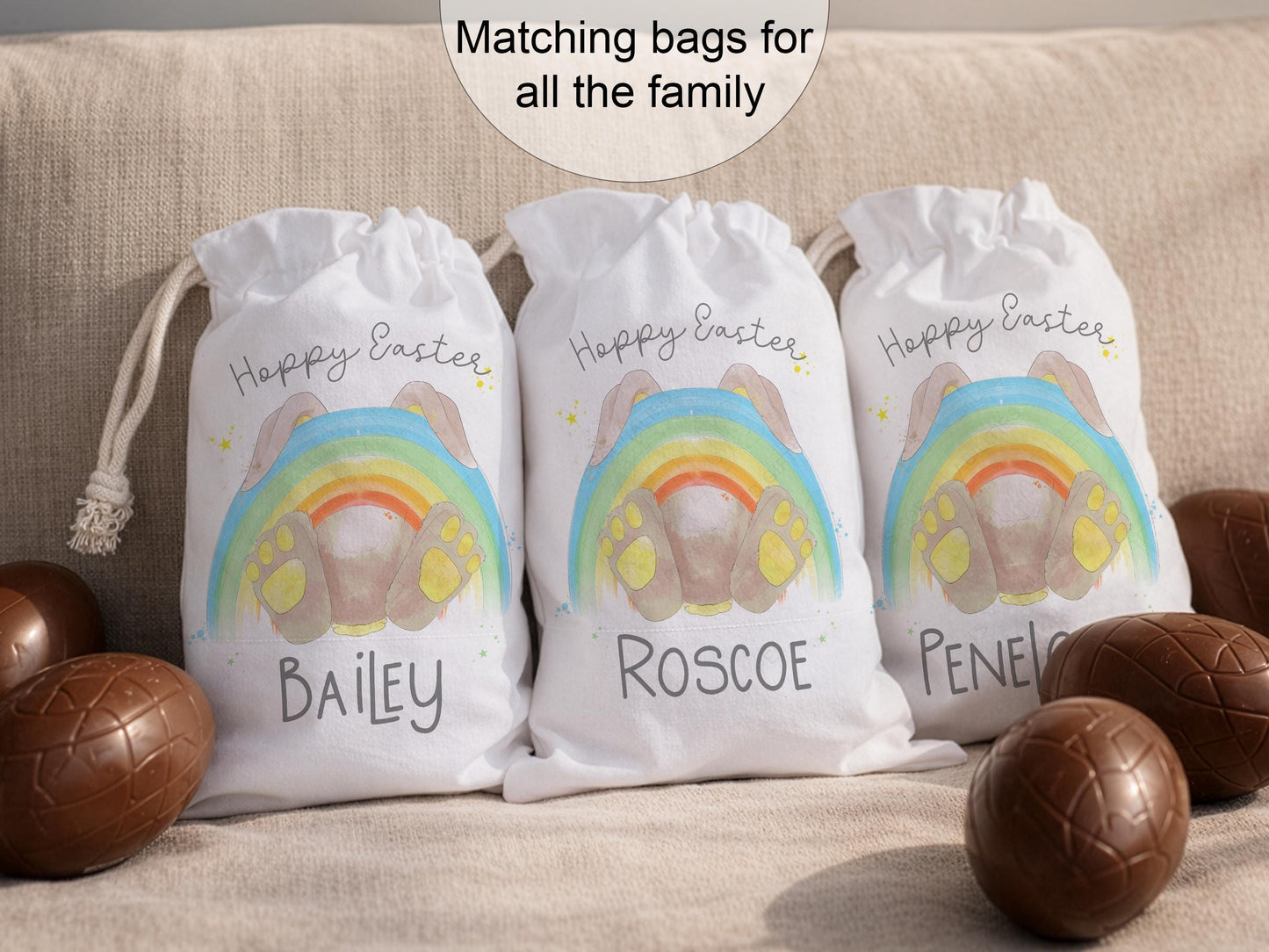 Personalised Easter Bunny bag: Egg hunt basket ideas, Rainbow Custom Drawstring sack with name