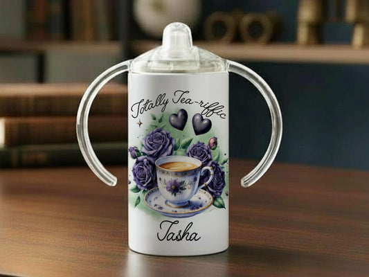 12oz insulated Stainless Sippy cup with spout for adults with disabilities. Printed with a Gothis or alternative style Purple Roses & Teacup design, the text 'Totally Tea-riffic' arches around the top of the design and any name under the design.