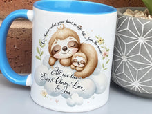 Load image into Gallery viewer, White ceramic mug with glossy blue handle, rim and inner. Design shows A cute mummy and baby sloth curled up sleeping.

Text at top of mug read I know what your heart sounds like from the inside. Add a personalised message &amp; title of your choice.
