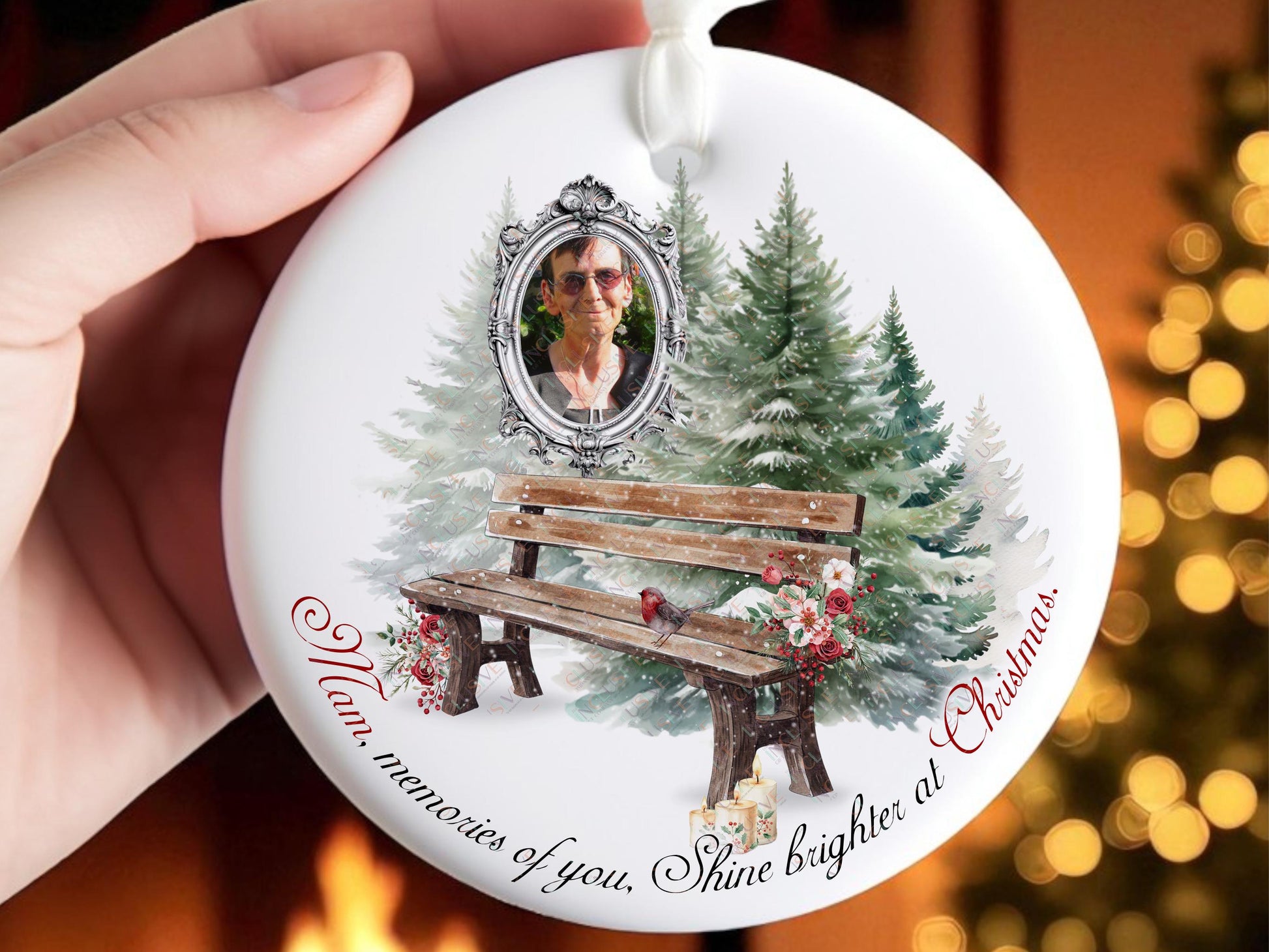 Printed Memorial Christmas ornament with framed photo of your loved one, against a festive winter background of pine trees, rustic wooden bench, a Robin and Roses, A personalised remembrance quote reading ‘Name, memories of you shine brighter at Christmas.’