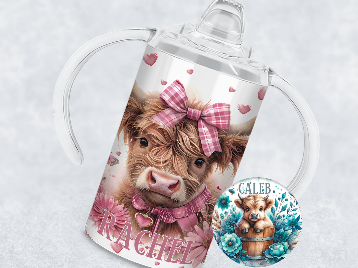 A fluffy highland cow calf with gingham pink and white collar and bow surrounded by pink wild flowers on a white 12 oz sippy cup Also available as highland cow in wooden tub surrounded by blue wild flowers.