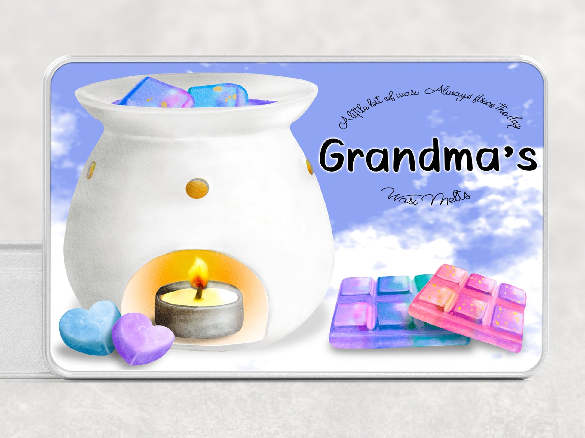 Image shows a Top view of the lid printed with beautiful colours Name on this one reads Grandmas