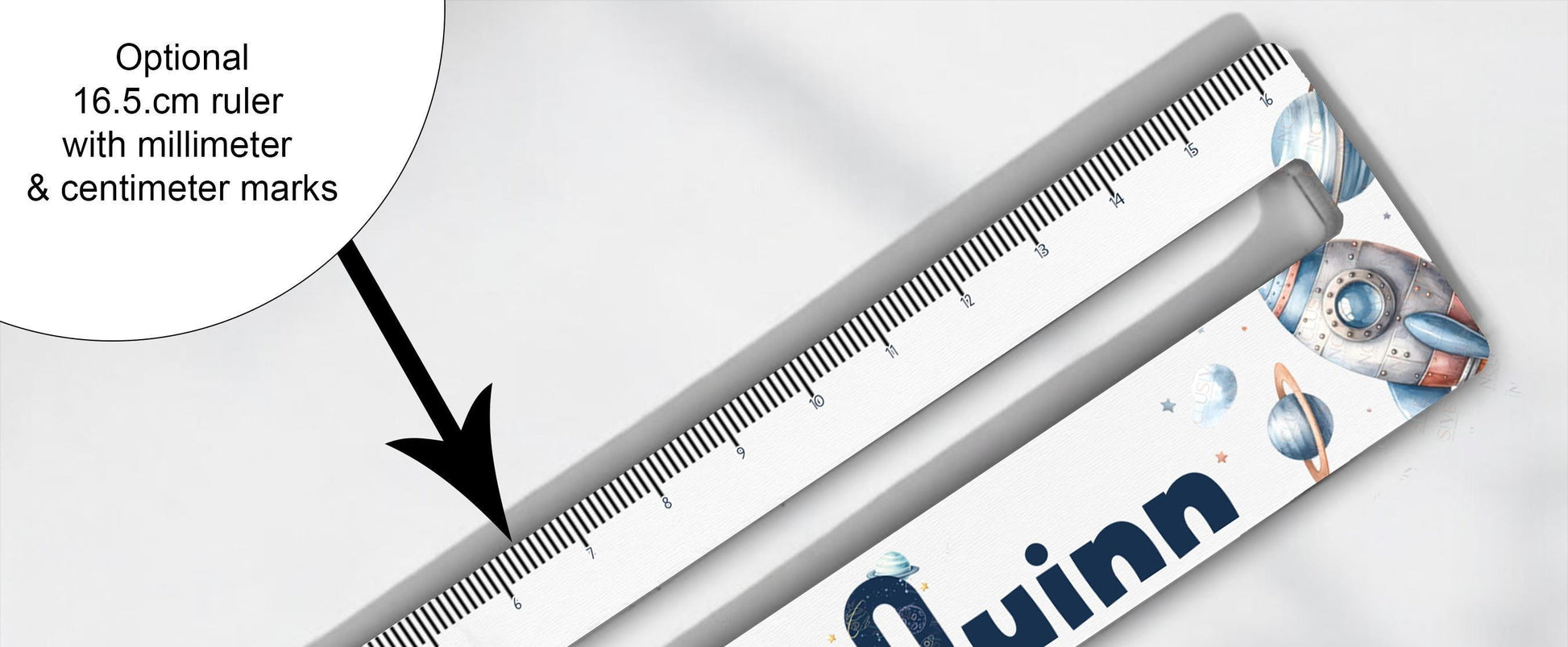 Optional 16.5 cm ruler printed to top with millimeterand centimeter markings.