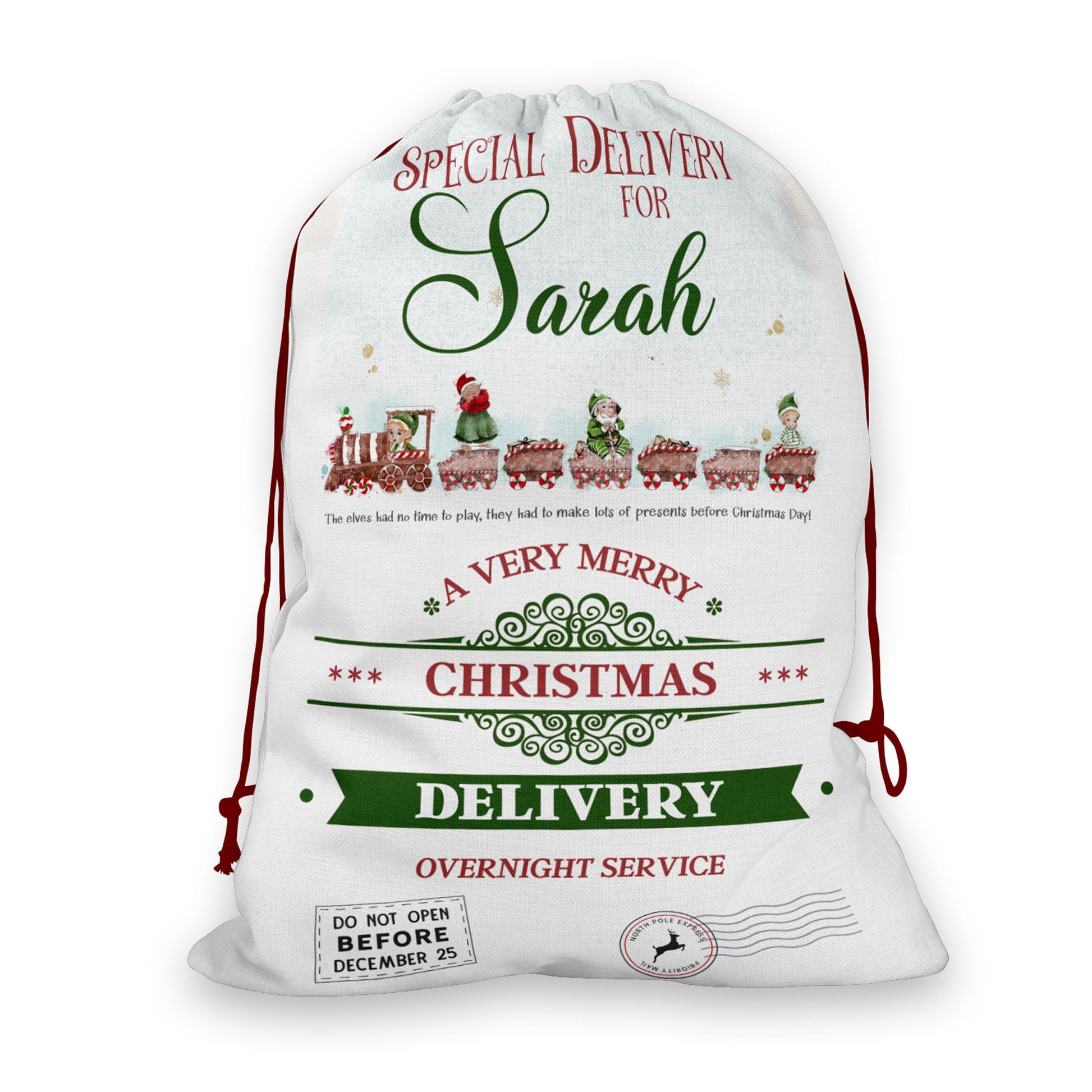 Large linen sack with red drawstring and red and green print

Text reads 
Special Delivery for 
NAME
A very Merry Christmas delivery Overnight service
Decorated with Christmas stamps and a Festive elf train.