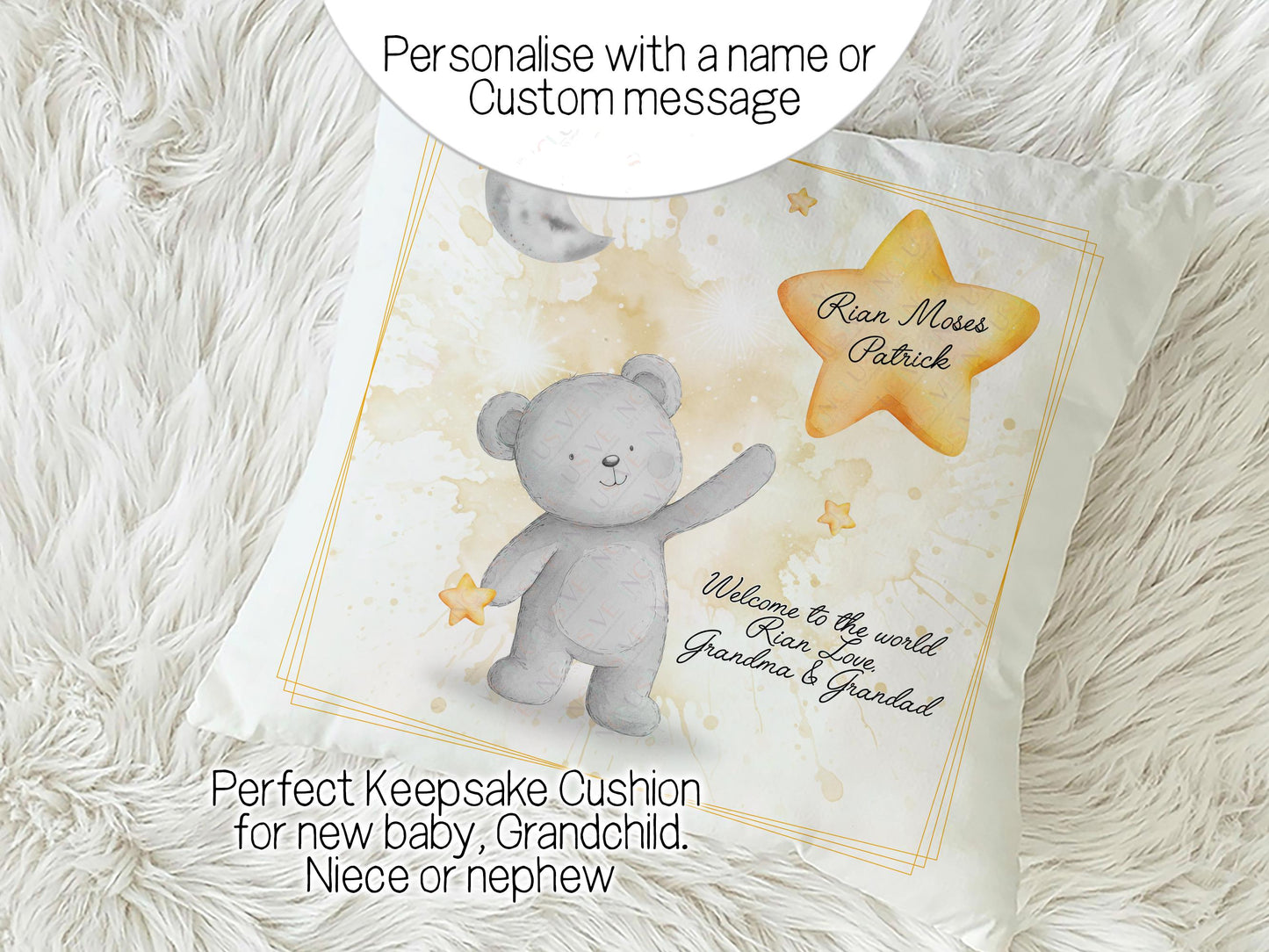 Not needed for a christening or baptism? Personalise with a name and custom message making it the perfect gift for a new baby, grandchild or niece or nephew. For example image shows a message that says. Welcome to the world Rian, love Grandma and Grandad