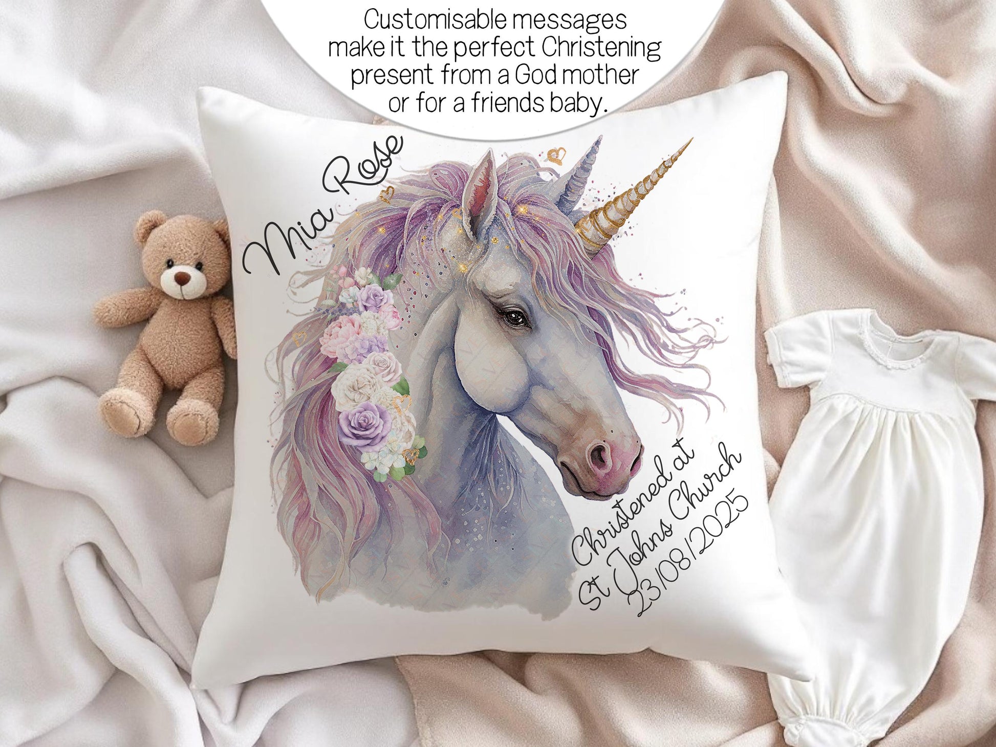 Customisable messages make it the perfect Christening present from a God mother or for a friends baby.
Personalisaton and custom message shown reads "Mia Rose. Christened at 
St Johns Church.  23/08/2025