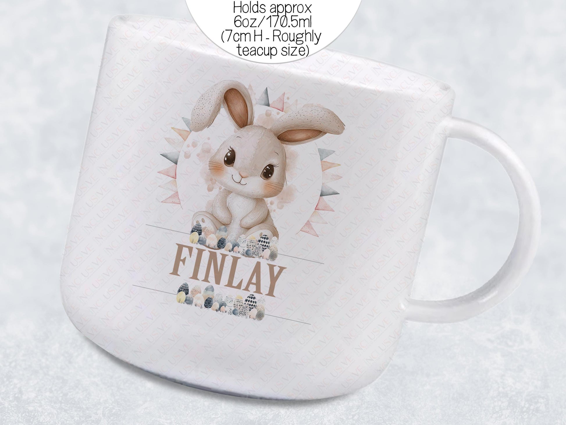 The mug holds approximately 6 fluid ounces or 170.5mls of liquid and is roughly the size of a small china teacup.