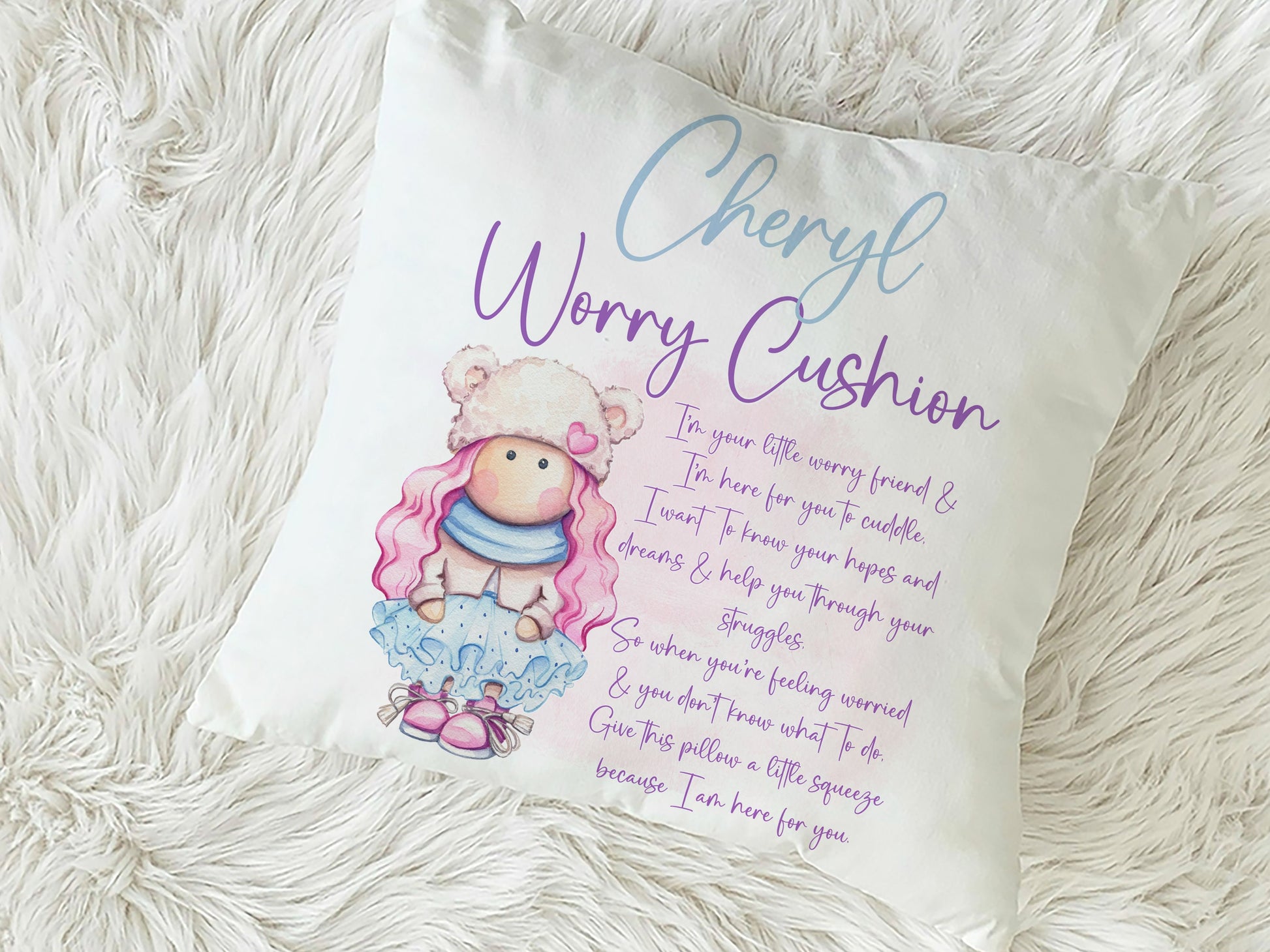 Minky fabric cushion with cute character and worry poem personalised with any name.