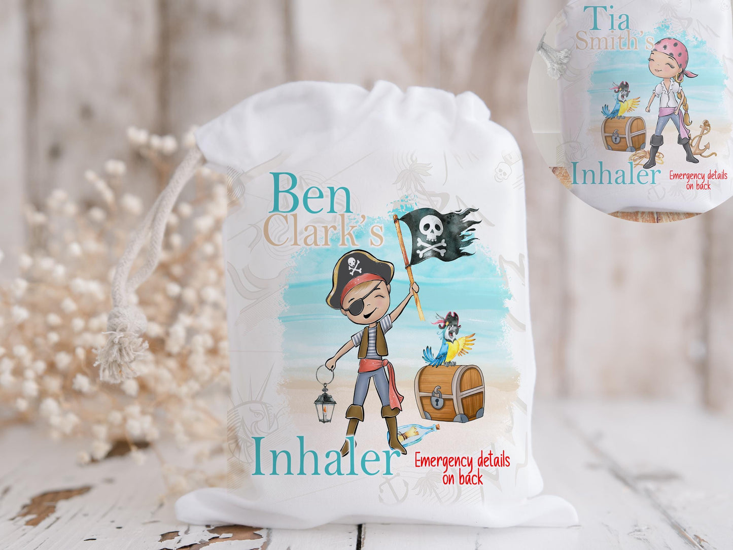White drawstring bag with choice of Boy or Girl Pirate and initial letter in a fun and exciting beach theme. Bag shows Initial of first name and a character with text reading name inhaler if you choose to have emergency contact on back it will state this is available on the front.
