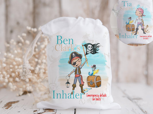 White drawstring bag with choice of Boy or Girl Pirate and initial letter in a fun and exciting beach theme. Bag shows Initial of first name and a character with text reading name inhaler if you choose to have emergency contact on back it will state this is available on the front.