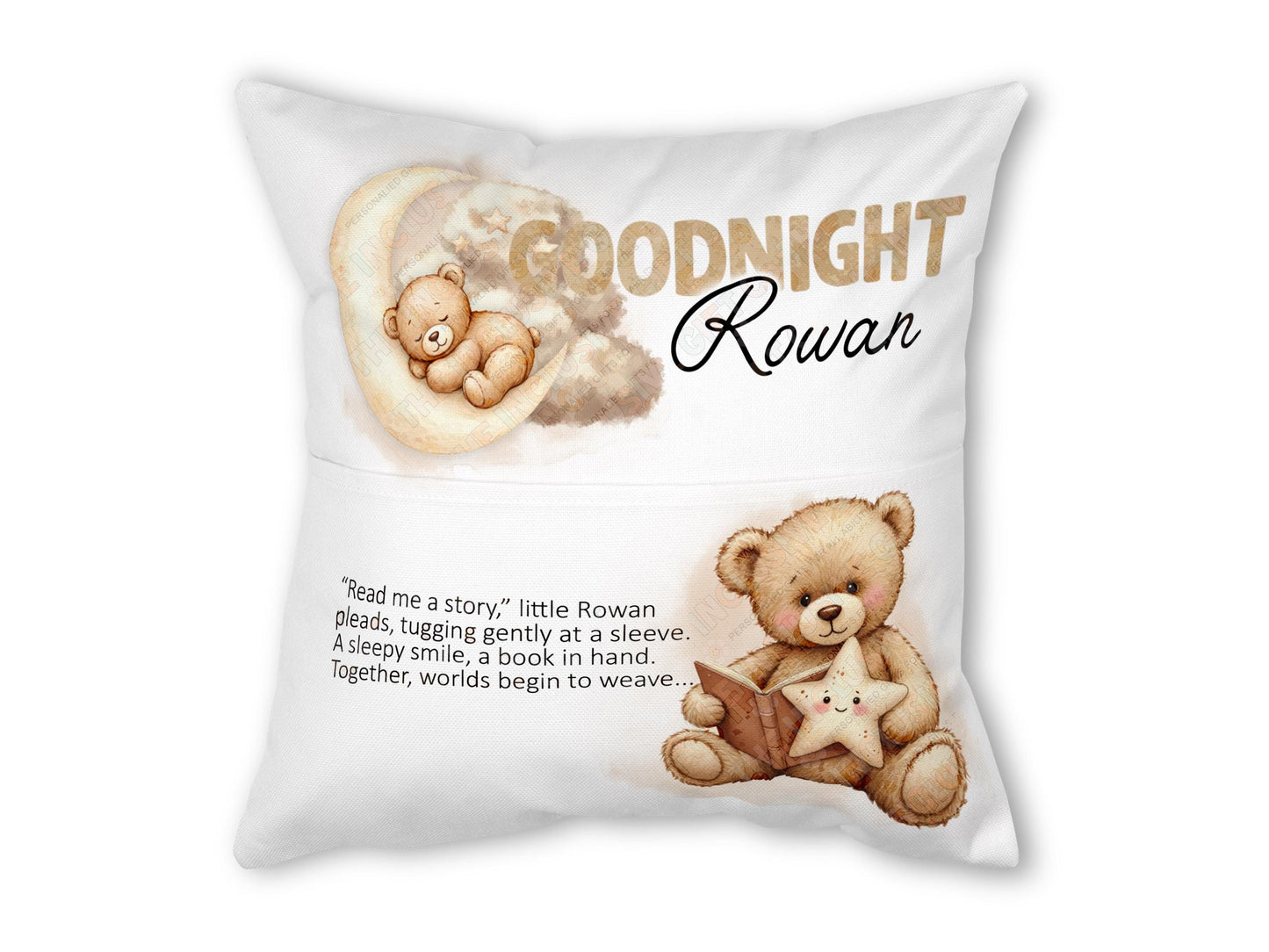 Personalised Teddy Book Cushion with Pocket: Reading Pillow, Toddler Routine, Bedtime Story Gift