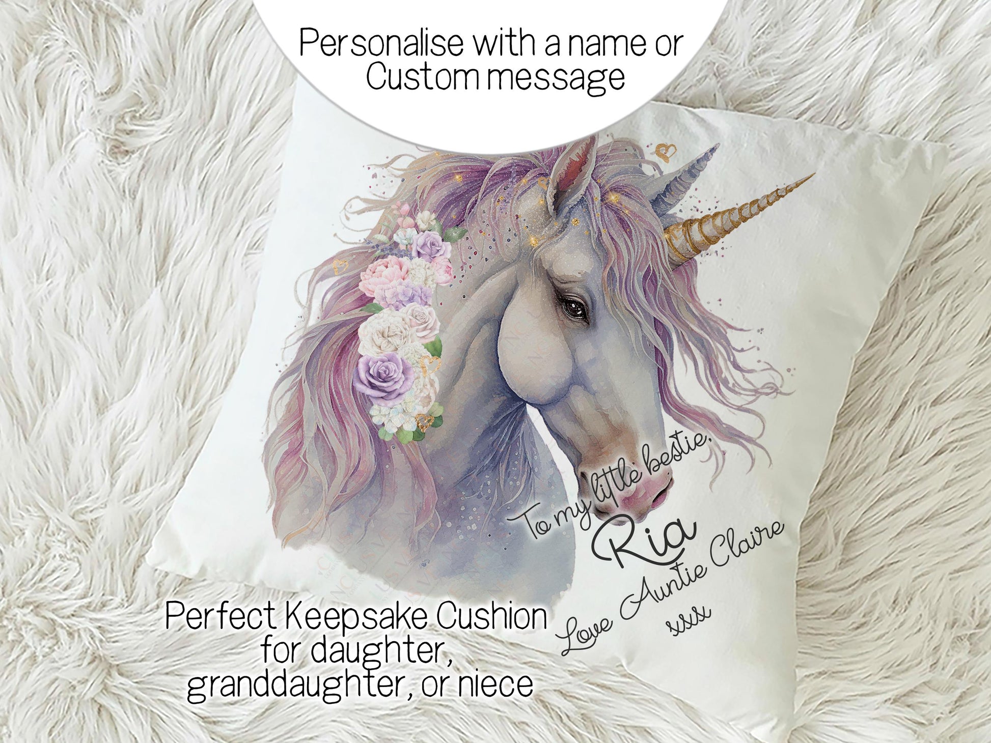 Personalise with any name or custom message. Perfect Keepsake Cushion 
for daughter, granddaughter, or niece.