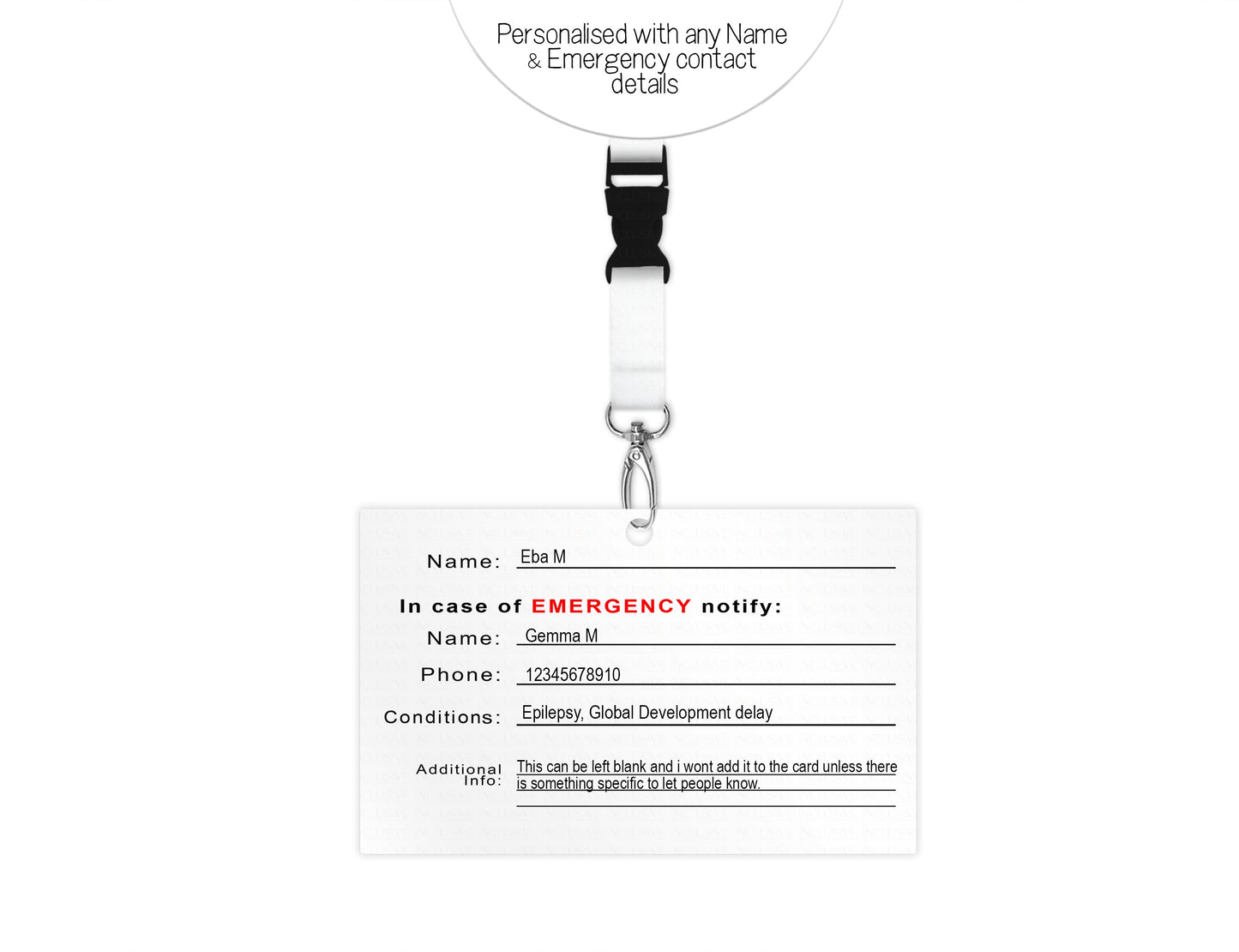 Personalise the back with name
In case of emergency contact info 
Name and Phone number, any allergies and a space to include any important information.