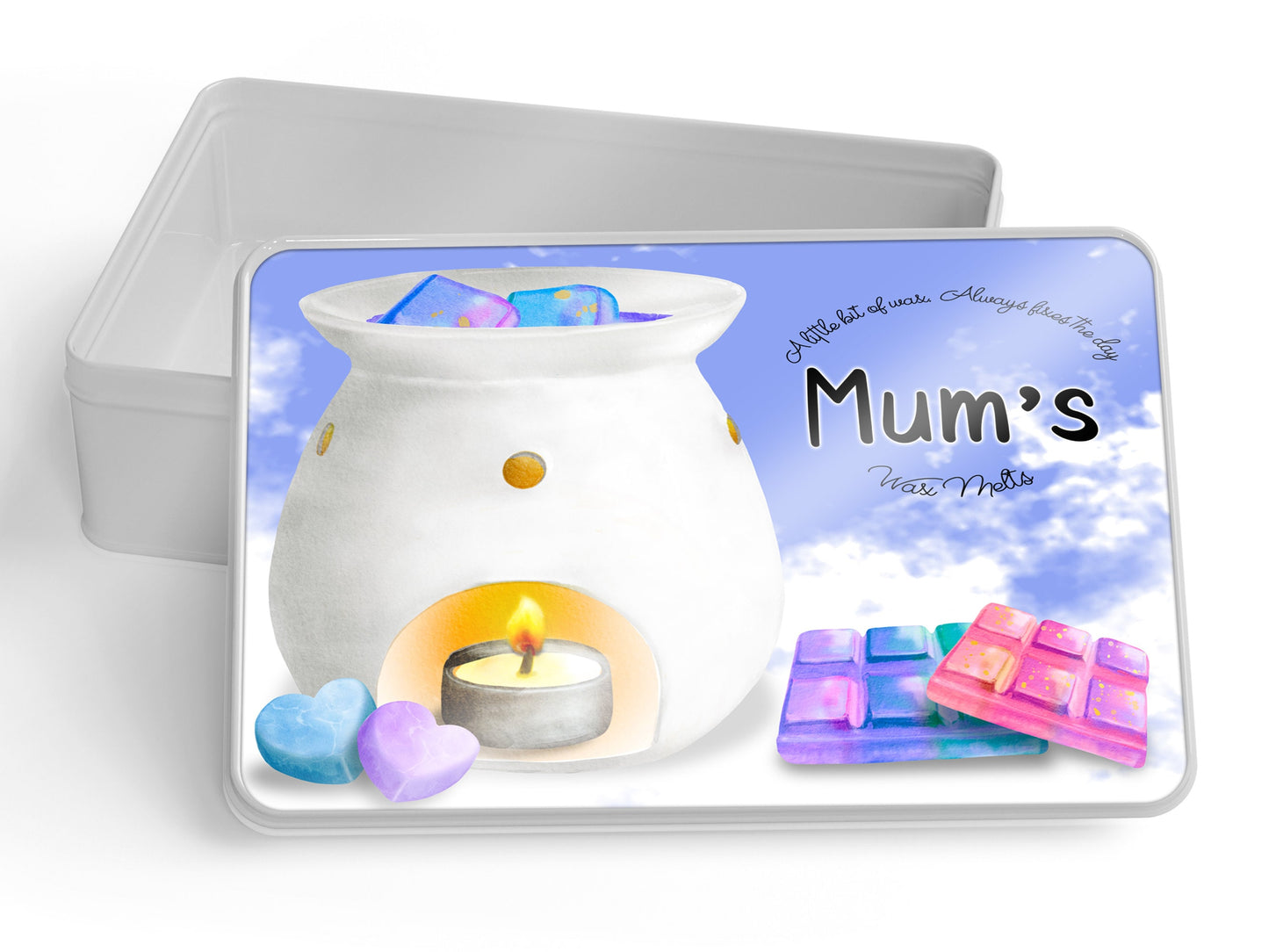 Silver metal Rectangular Personalised Wax melt storage tin. Image shows white wax burner Blue pinks and purple melting wax against a Blue sky with colourful snap bars. Text reads A little bit of wax Always fixes the day. Names Wax melts