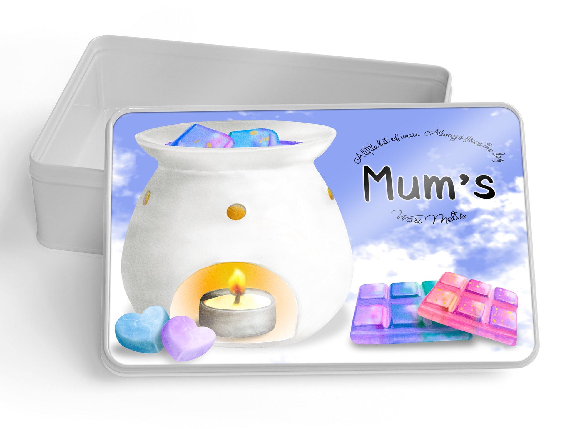 Silver metal Rectangular Personalised Wax melt storage tin. Image shows white wax burner Blue pinks and purple melting wax against a Blue sky with colourful snap bars. Text reads A little bit of wax Always fixes the day. Names Wax melts