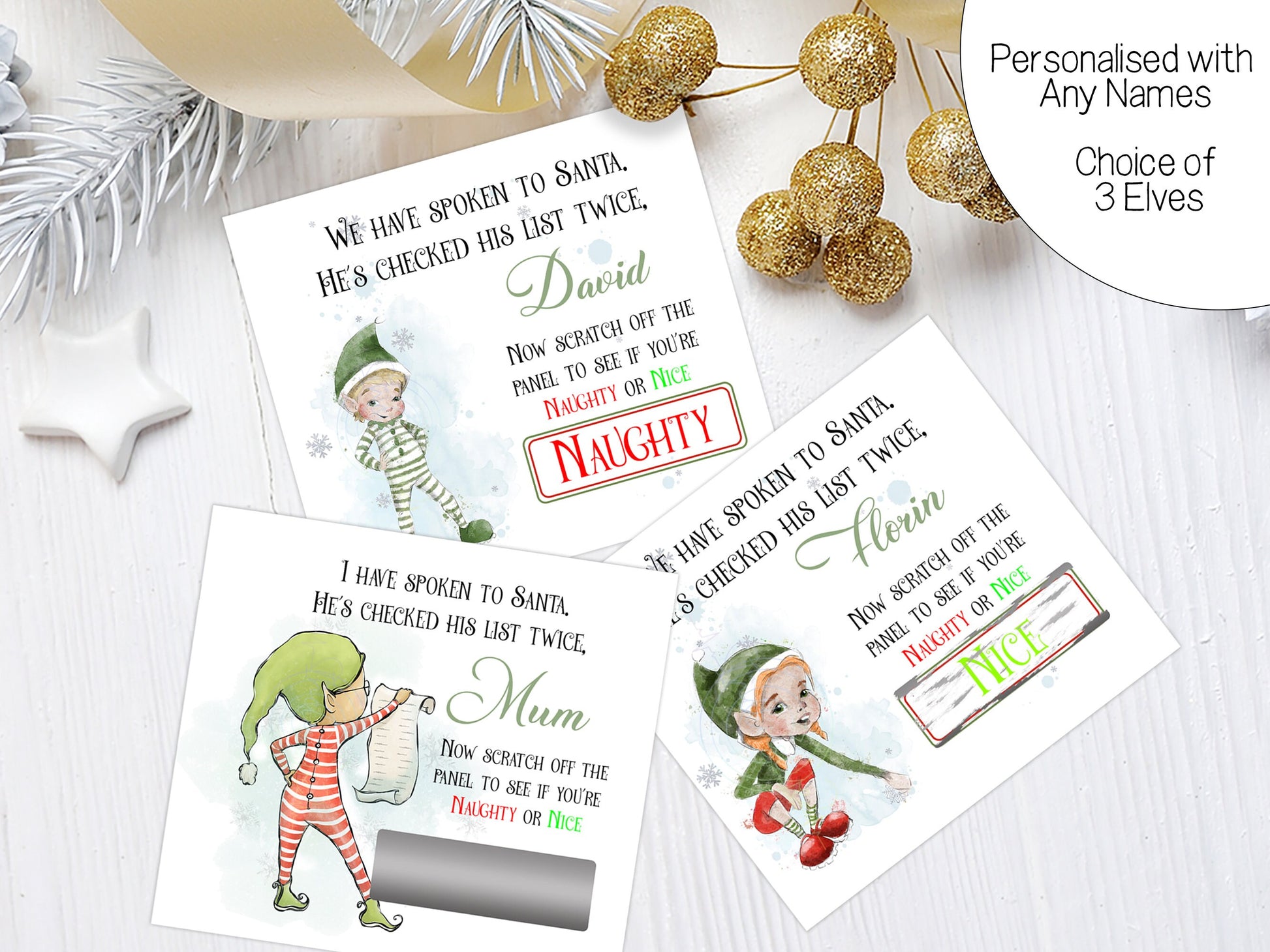 Personalised with any names  Choose between 3 elf designs  Style one - girl elf  Style two - boy elf green onesie Style 3 - Elf reading nice list