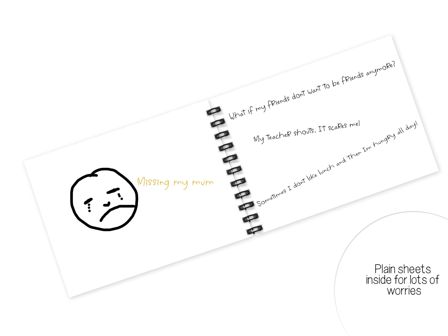 Image shows notebook open and the Plain sheets and lots of room for those worries inside.