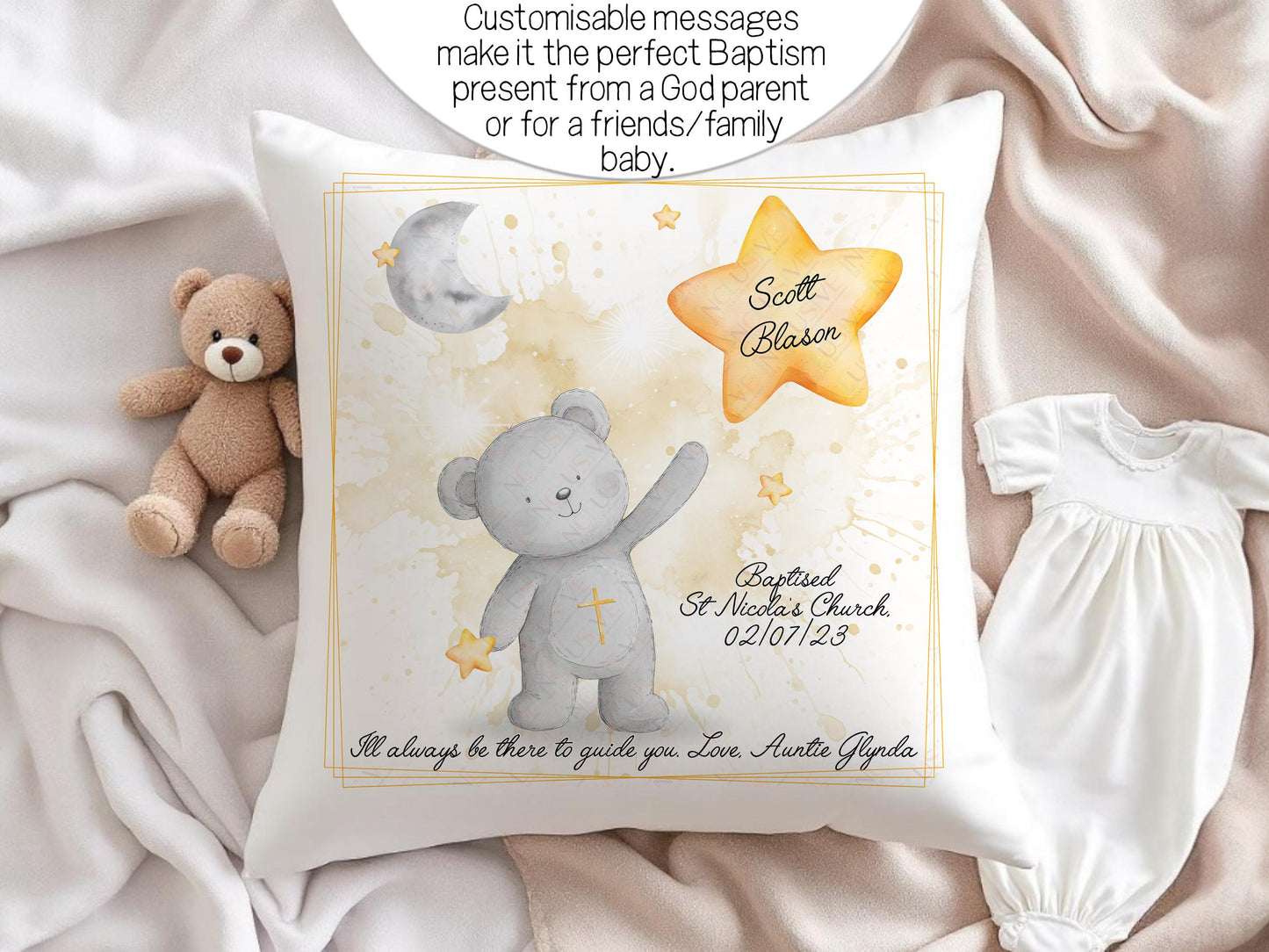 Customisable messages make it the perfect Baptism present from a God parent or for a friends/family baby. For example image is printed with 
I will always be there to guide you, love Auntie Glynda