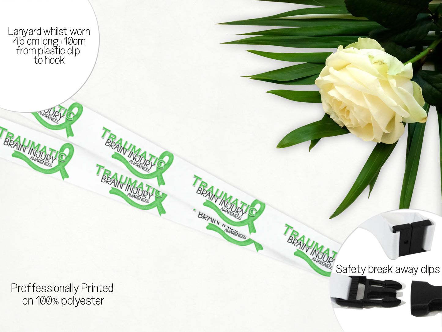 100% Polyester safety breakaway lanyard with optional emergency contact & medical id card

Lanyard = 45 cm long + 10 cm badge holder 

Break away clips at 2 points 
a. behind the neck 
b. on the badge holder