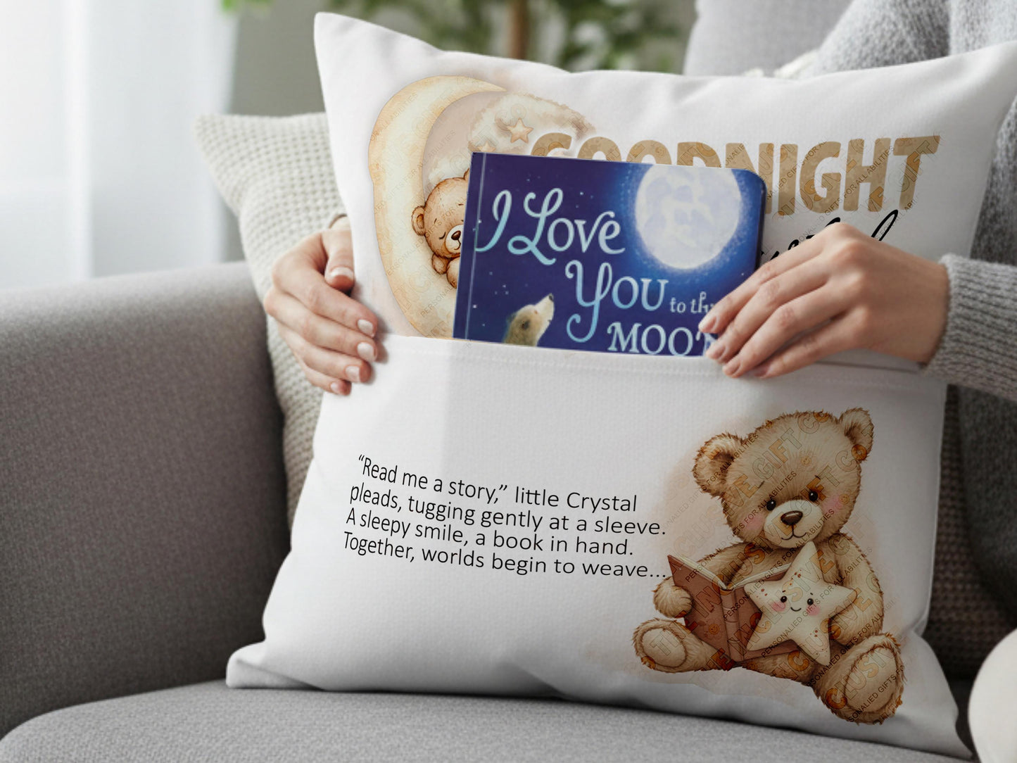 White Personalised book cushion with pocket. Adorable brown teddy bear printed watercolour design and a generous pocket to hold their favorite story book – Personalise with a custom name making it the ideal kids pillow for bedtime, nursery, or toddler room decor