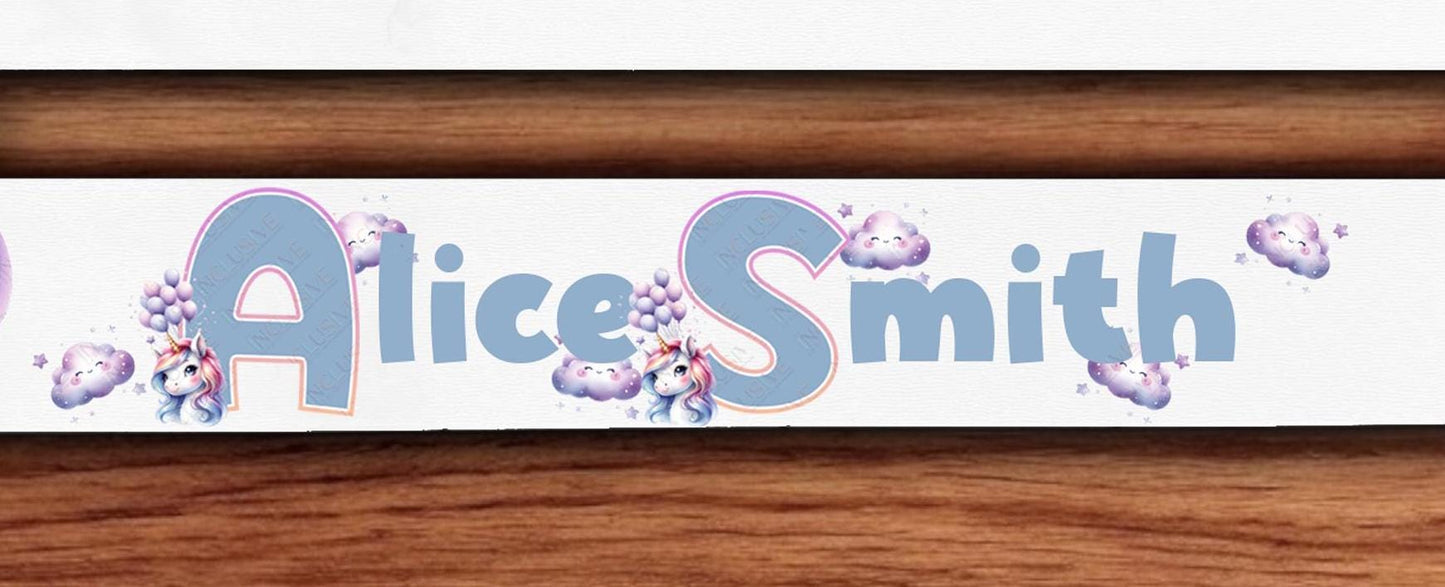 Cute Unicorn heads adorn the first letter of each name.