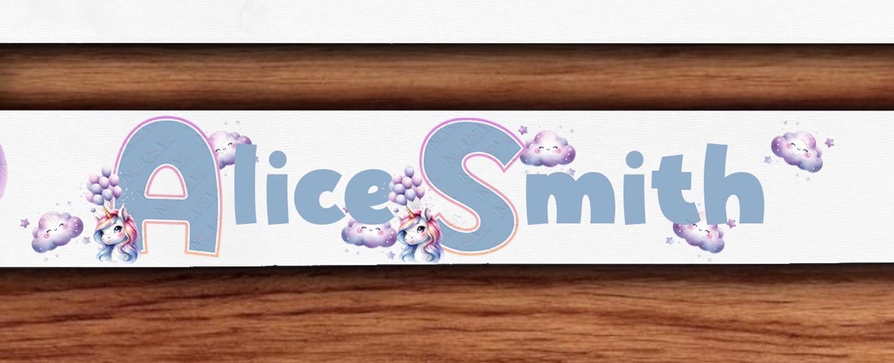 Cute Unicorn heads adorn the first letter of each name.