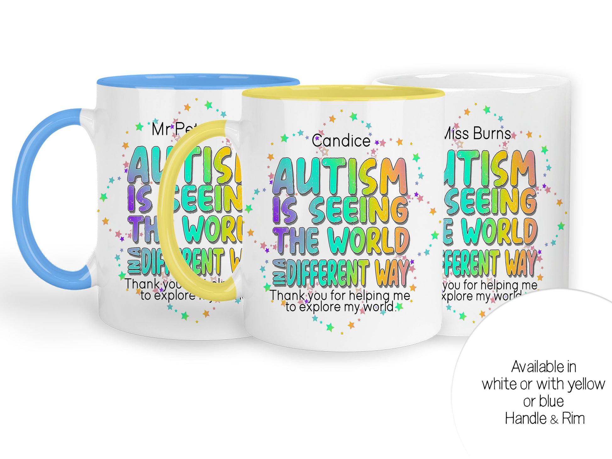 Available in yellow or blue handle and rim or plain white ceramic mugs