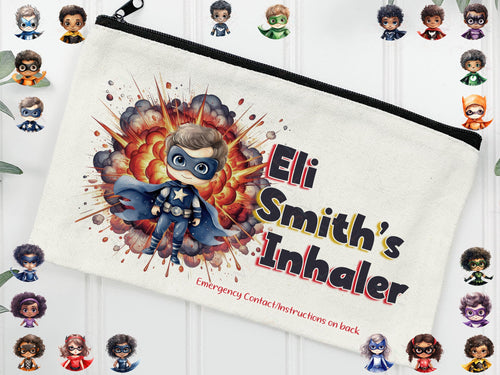Cream Linen pouch with black zipper with Superhero character walking out of an explosion. 21 different characters available, Personalised with any name. Add Optional dosage instructions and emergency contact details to back for free