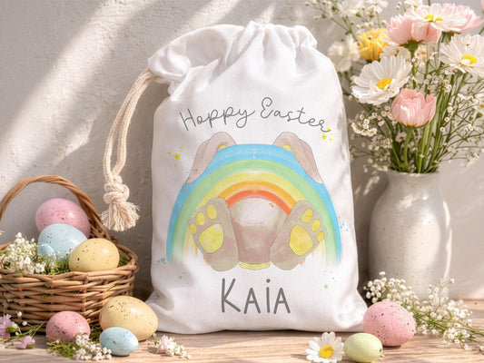 Personalised Easter Bunny bag: Egg hunt basket ideas, Rainbow Custom Drawstring sack with name