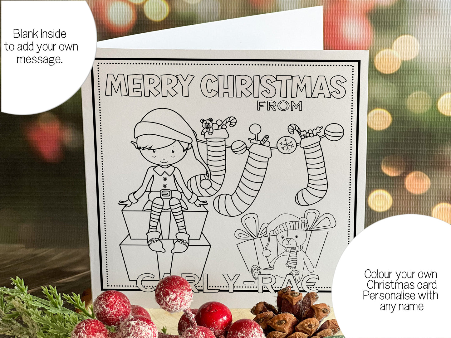 Clour your own christmas card personalised with any names 

Blank inside to add your own message