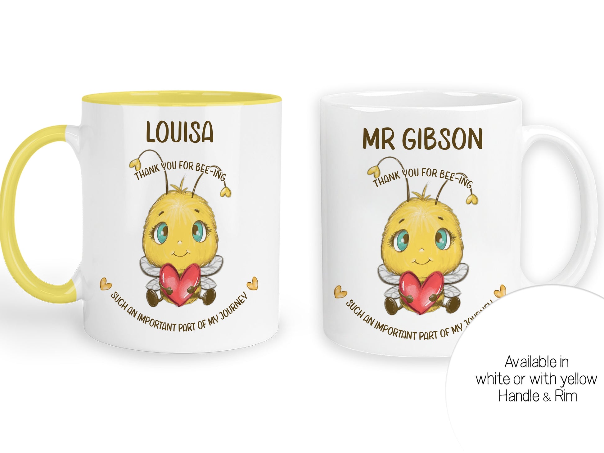 Available in yellow handle and rim or plain white ceramic mugs