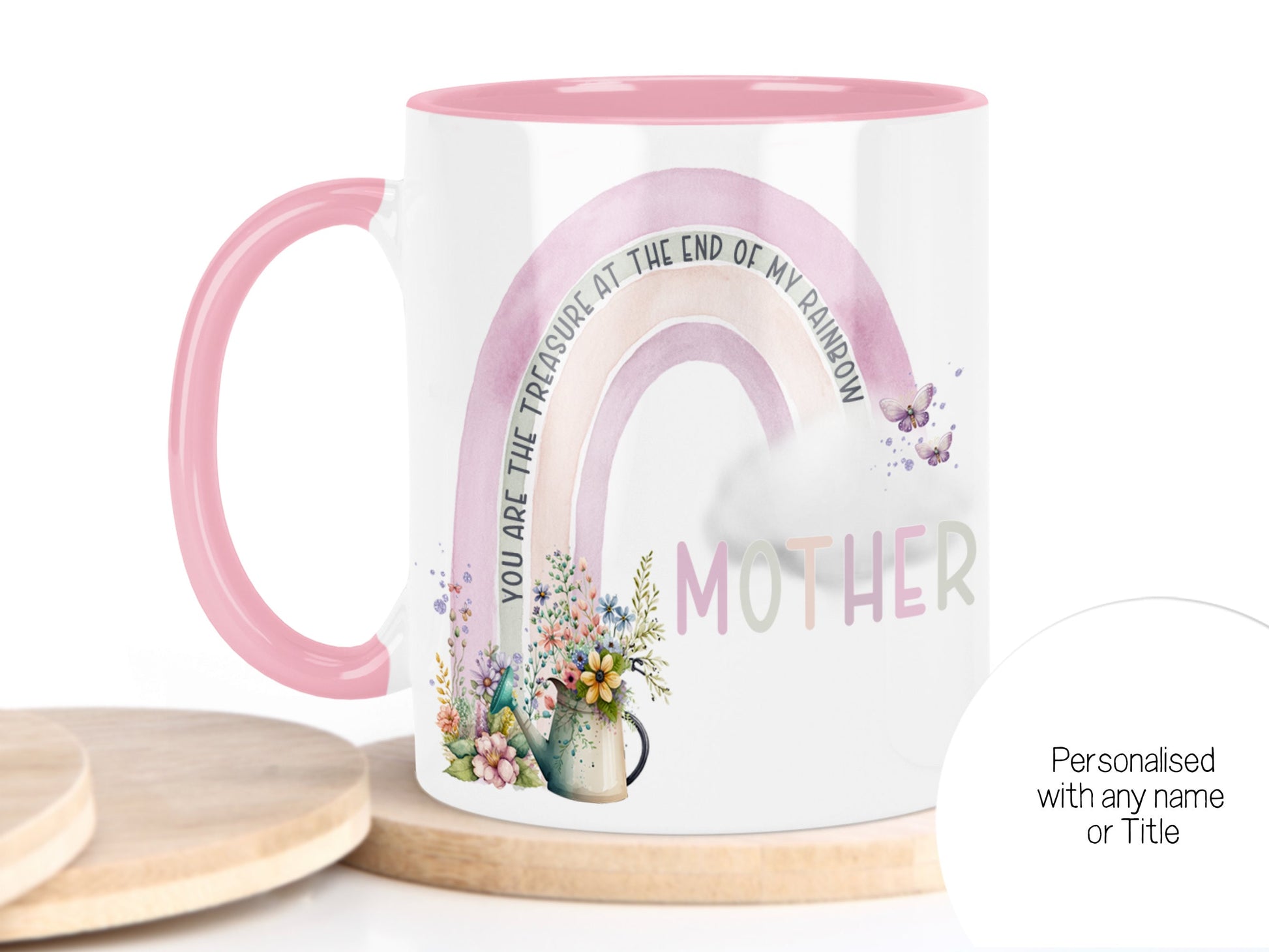 Personalised with any name or title. This mug image shows the Text MOTHER as title choice