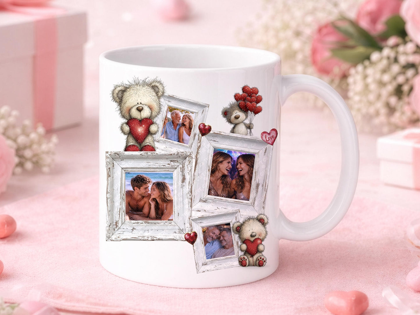 All white version of Personalised photo collage mug, featuring your favorite photos in rustic frames, teddy bears with hearts, and Valentine’s Day themed design, custom coffee cup gift for couples, husband, wife, boyfriend, or girlfriend.