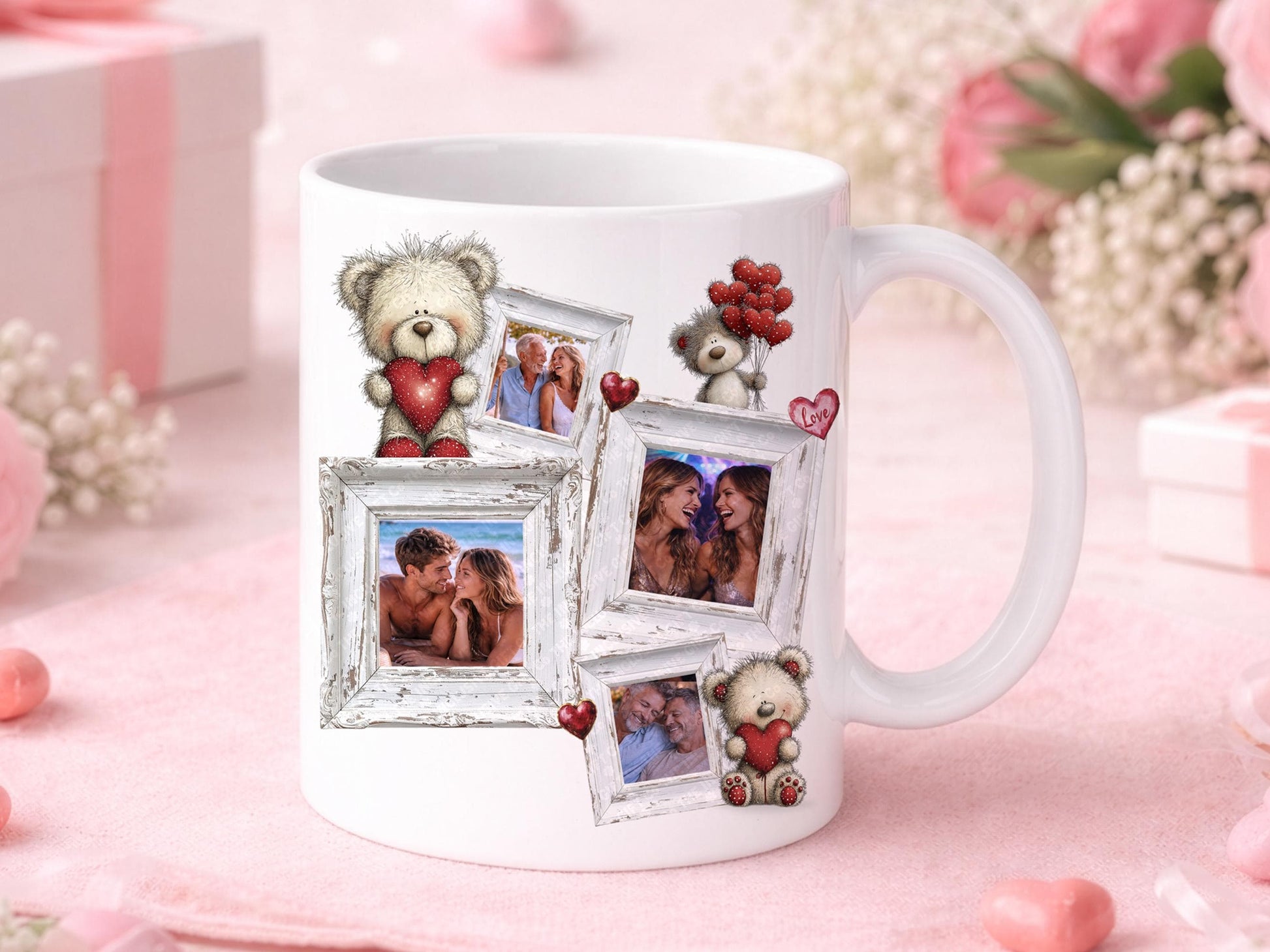 All white version of Personalised photo collage mug, featuring your favorite photos in rustic frames, teddy bears with hearts, and Valentine’s Day themed design, custom coffee cup gift for couples, husband, wife, boyfriend, or girlfriend.