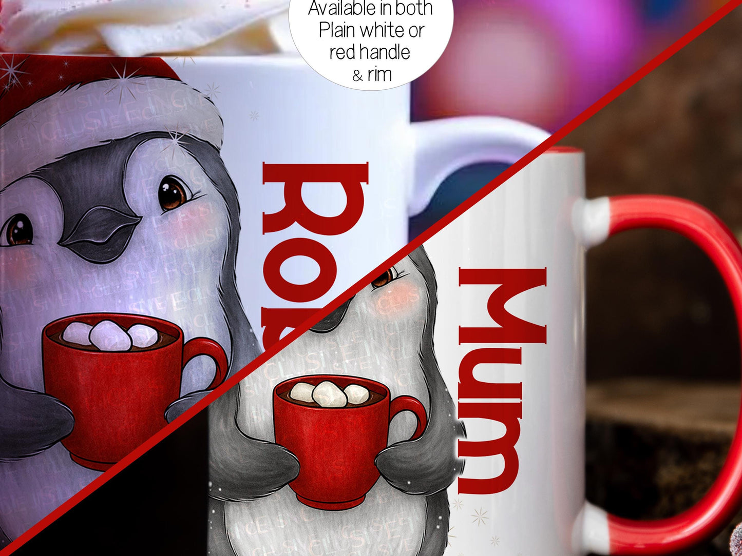 Available in either plain white mug or a white mug with a festive red rim and handle