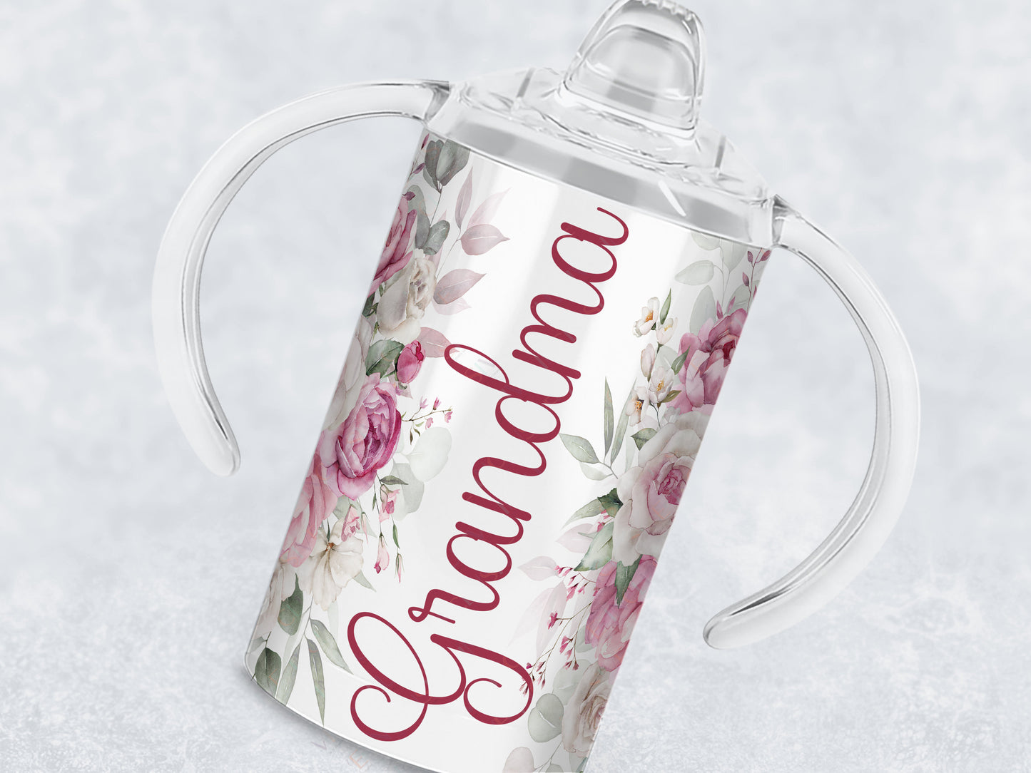 12oz insulated Sippy cup with spout for adults and children with disabilities Printed with pink roses sage green foliage and the name in a matching pink.