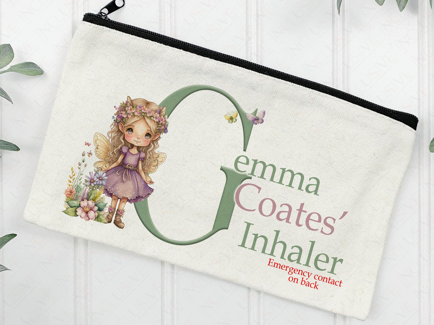 Cream Linen pouch with zipper my popular Fairy girl with sandy colkours wings and hair standing in a wild flower patch & alphabet initial with name