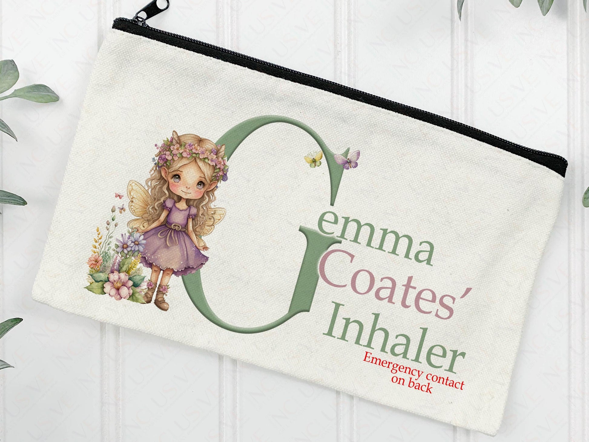 Cream Linen pouch with zipper my popular Fairy girl with sandy colkours wings and hair standing in a wild flower patch & alphabet initial with name