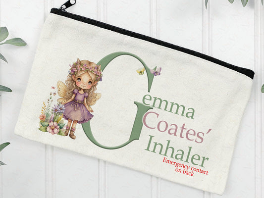 Cream Linen pouch with zipper my popular Fairy girl with sandy colkours wings and hair standing in a wild flower patch & alphabet initial with name