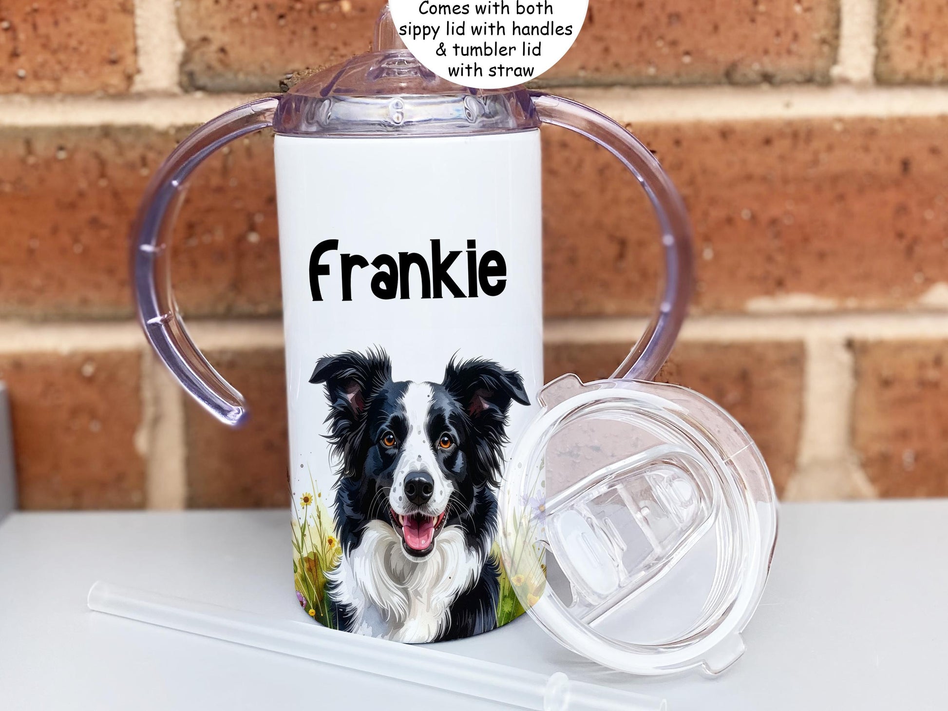 Customized Border Collie adult sippy cup with clear handled sippy lid and additional tumbler lid and straw beside it, featuring the name “Frankie” printed above the dog illustration.