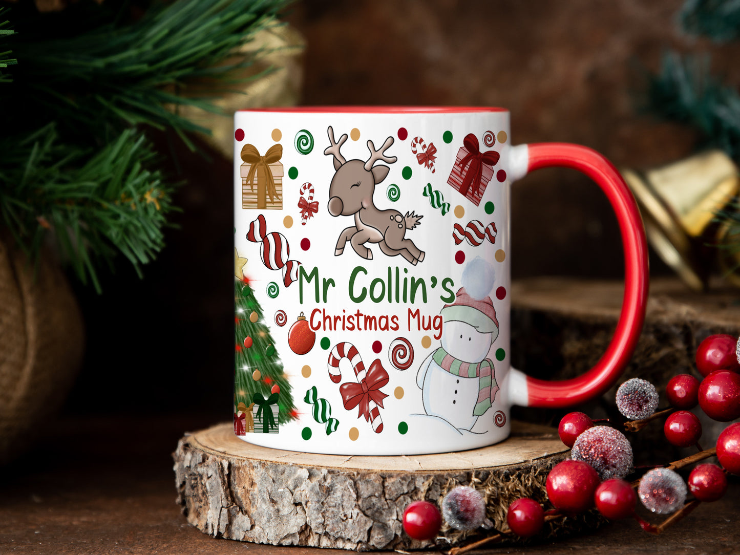 White ceramic mug with red rim and handle printed with all your festive favorites like nut cracker, reindeer, snowmen, christmas tree, gingerbread house and candy cane. Add your favorite teachers name in Green above Christmas mug written in red