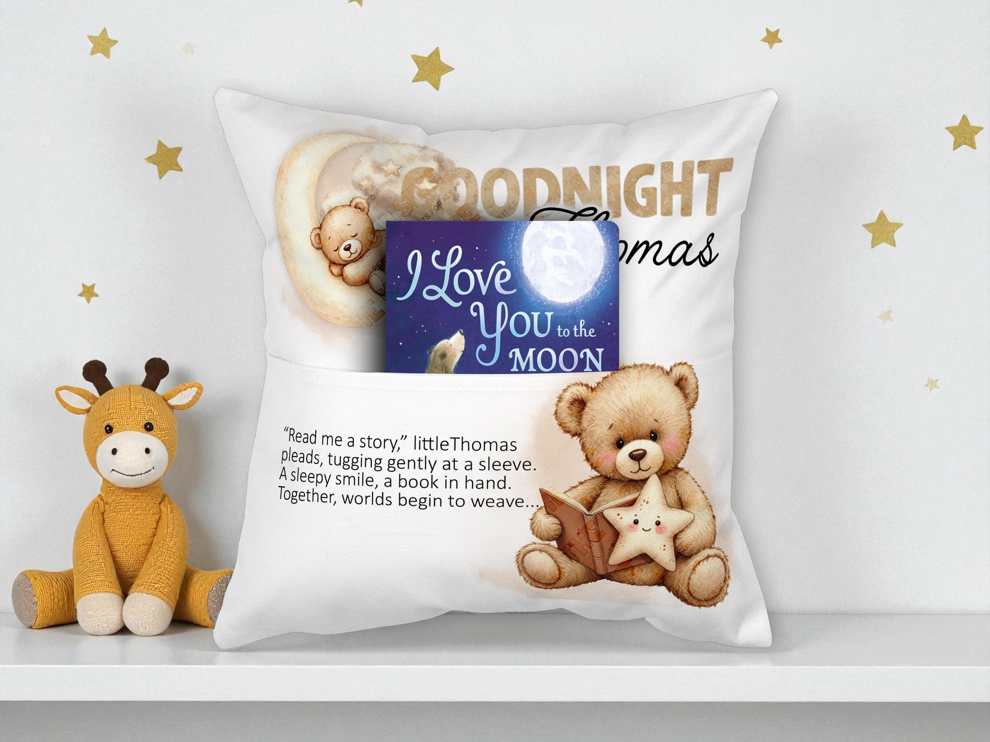 Perfect for nursery decor or as cosy Reading Nook pillow