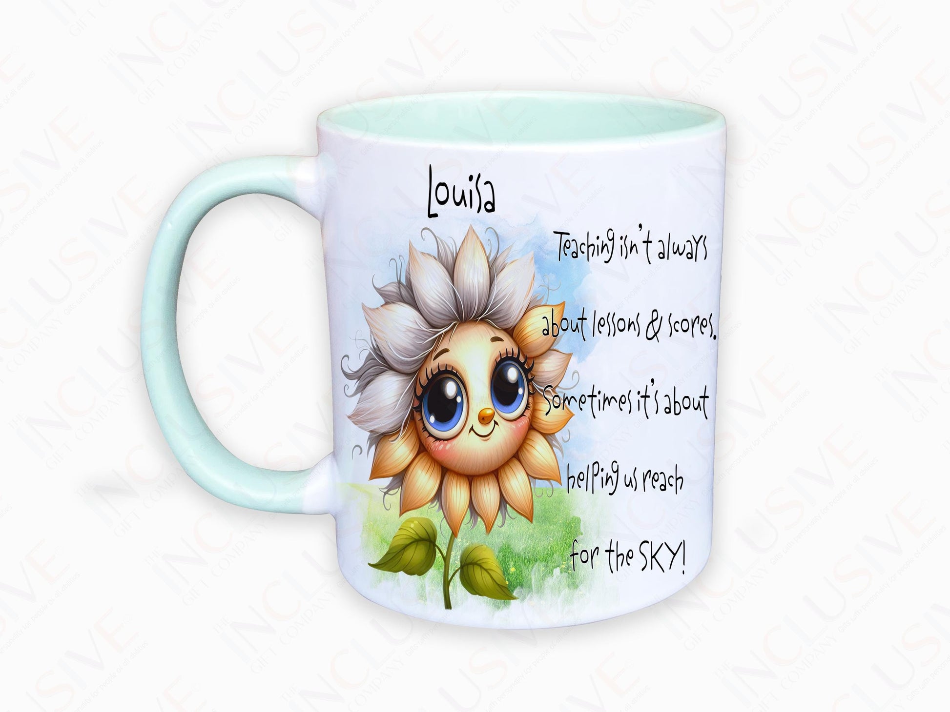 A white mug with lighter mint rim and handle. A Happy sunflower design and teaching related verse is printed directly on the mug so will not fade. Available with or without personalisation.
Verse reads Name. Teaching isn’t always about lessons & scores.
Sometimes it’s about helping us, reach for the SKY!