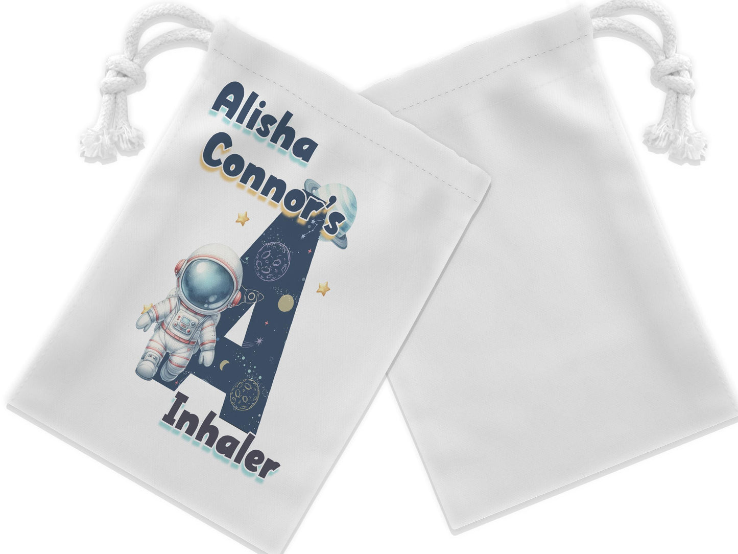 White drawstring bag. Printed with Initial of first name in a space theme with astronaut & text reading name's inhaler
