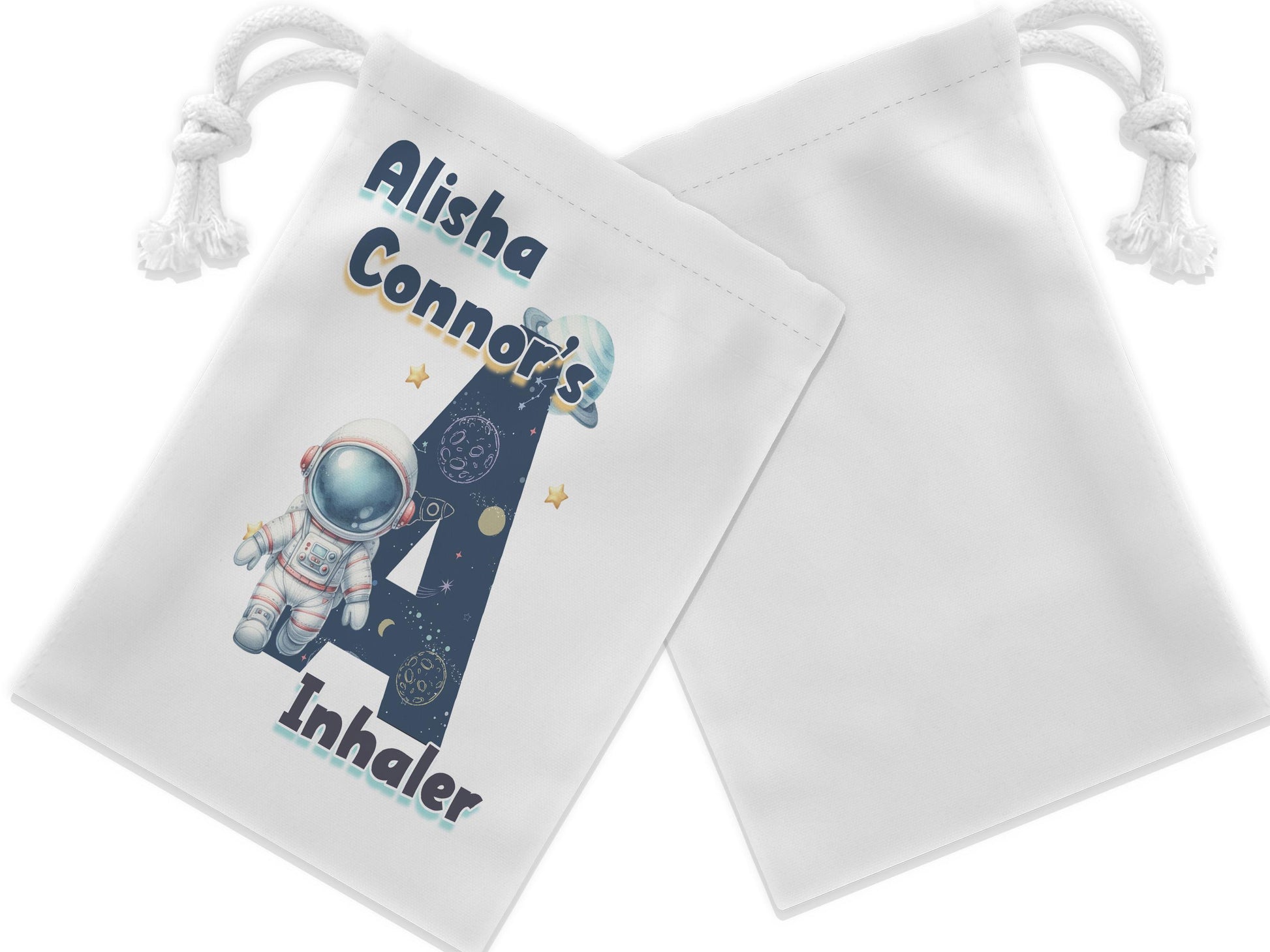 White drawstring bag. Printed with Initial of first name in a space theme with astronaut & text reading name's inhaler