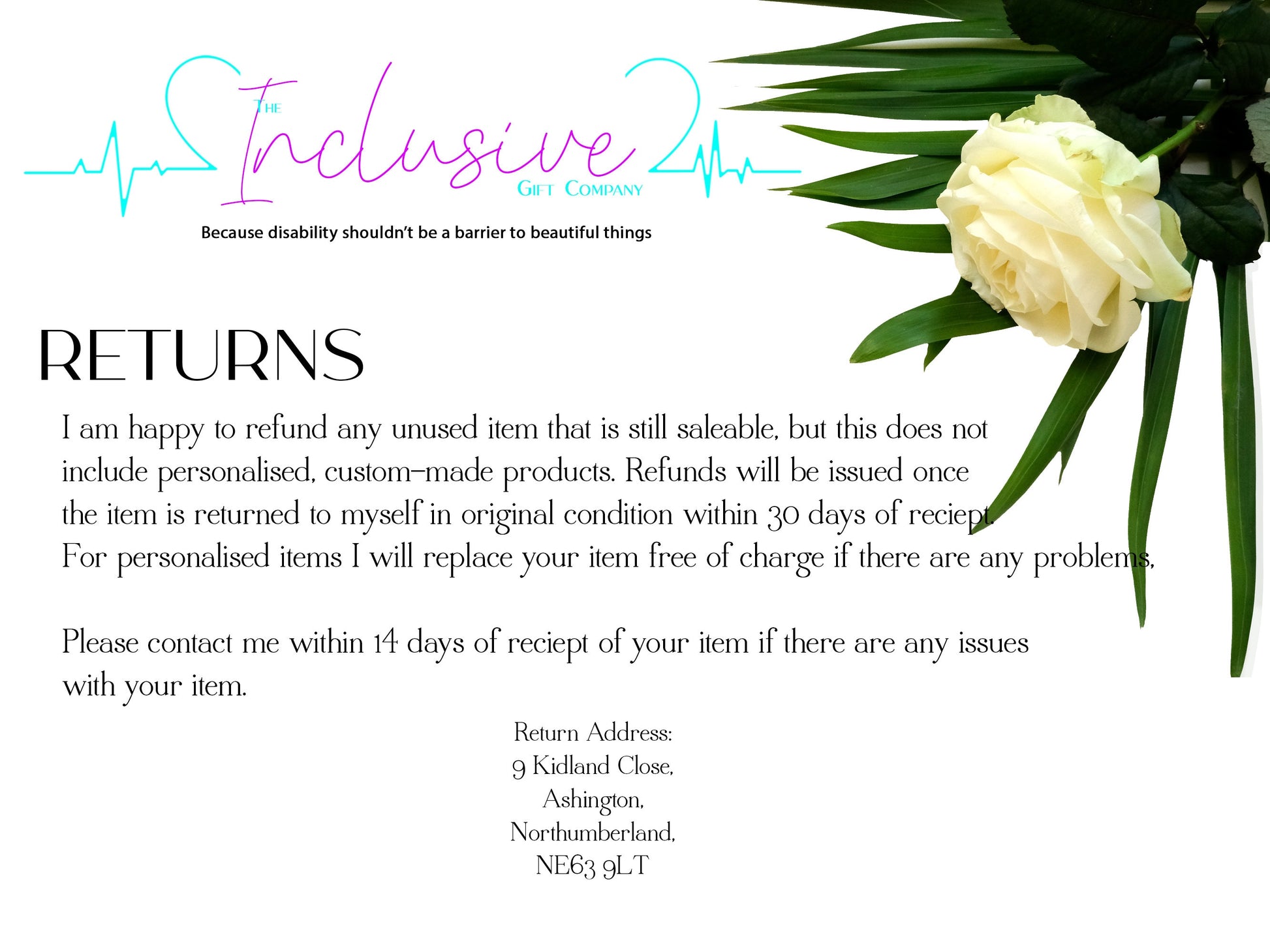 Returns explanation - I am happy to refund any unused item that is still saleable, but this does not
include personalised, custom-made items. For personalised items I will replace your item free of charge. Please contact me within 14 days of receipt