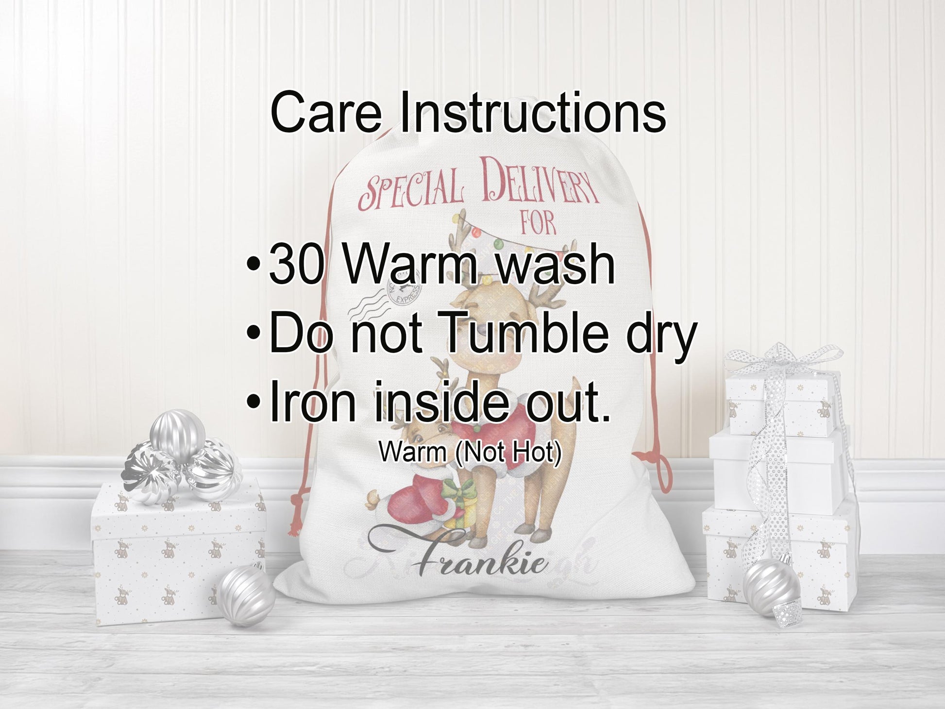 Care Instructions                                                                                                                                                                                                                                                                   30 Warm wash
Do not Tumble dry
Iron inside out.