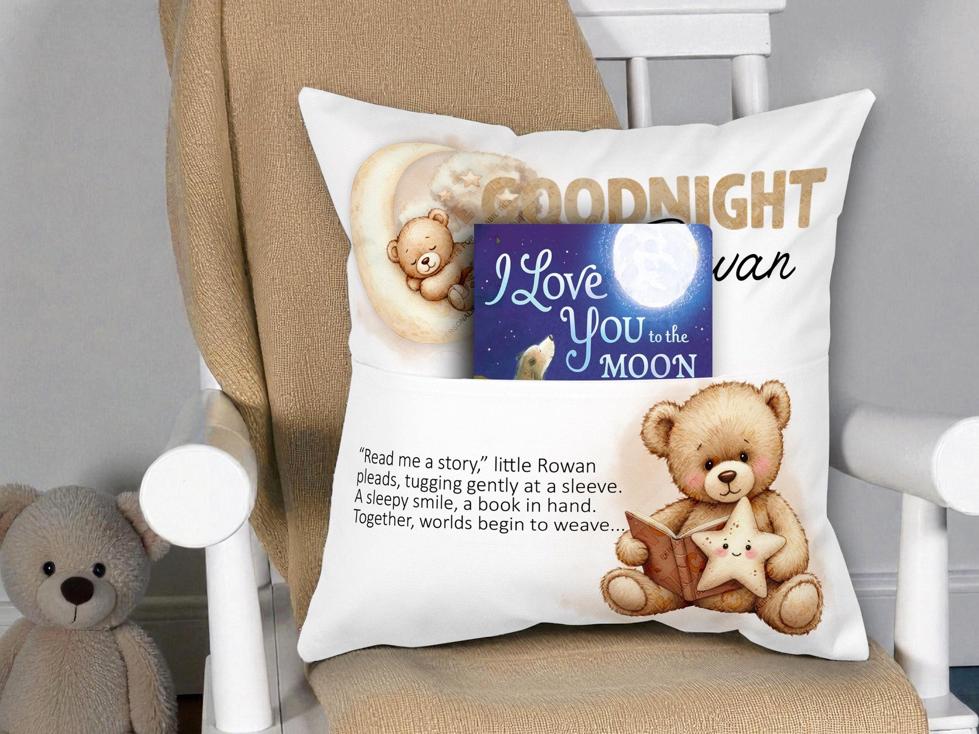 Personalised Teddy Book Cushion with Pocket featuring cute teddy bear reading a book, baby bear sleeping on a moon, and custom name ‘Rowan.’ Storytime pocket pillow for children, nursery décor, and bedtime reading.